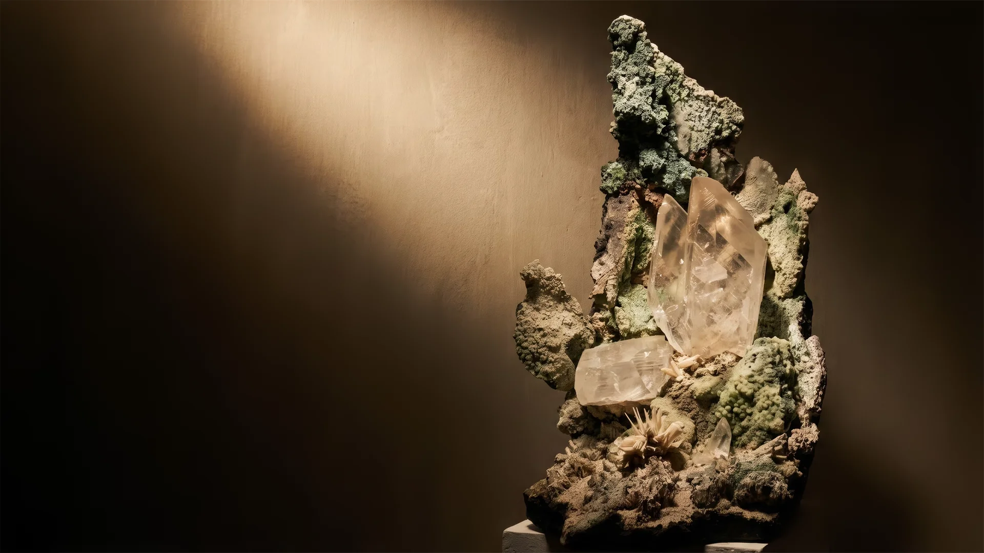 Clear quartz crystals on a green mineral matrix, lit by a warm beam on a stone plinth